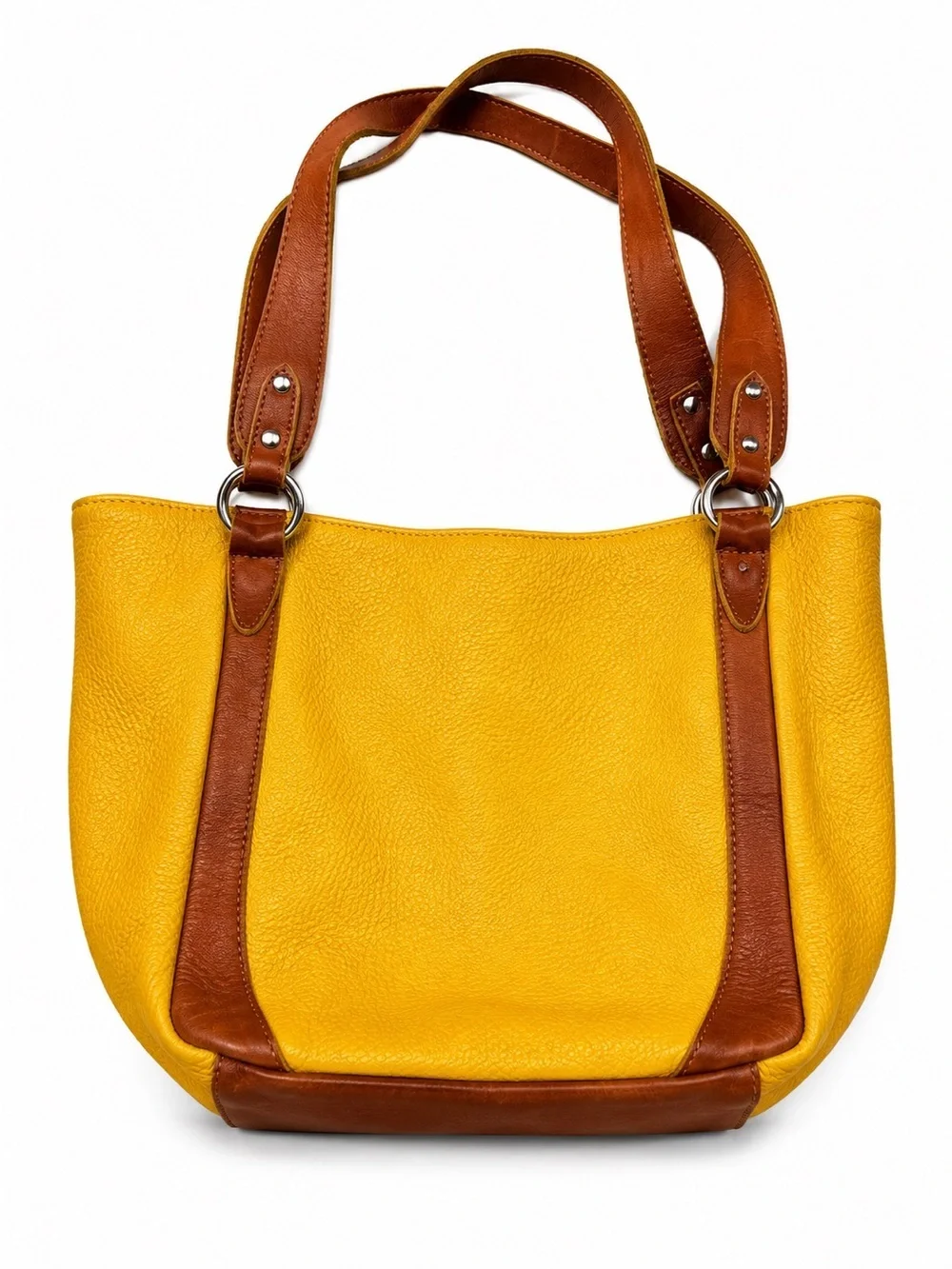 Valentina Italia Yellow Pebbled Leather Tote Bag Brown Trim Bag Made in Italy